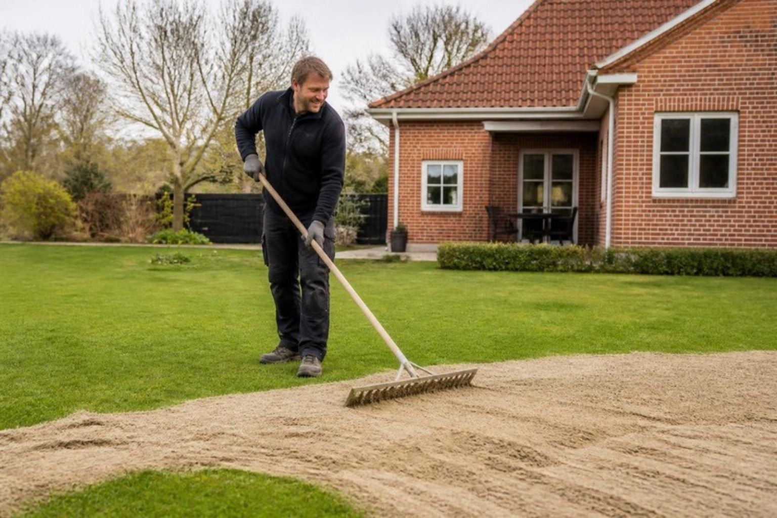 Mand river et tyndt lag topdressing ud over græsplænen foran et rødt murstenshus